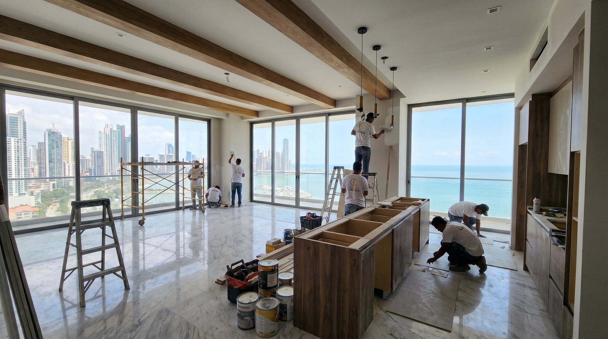 Remodelación de cocina con vigas de madera y vista panorámica al mar