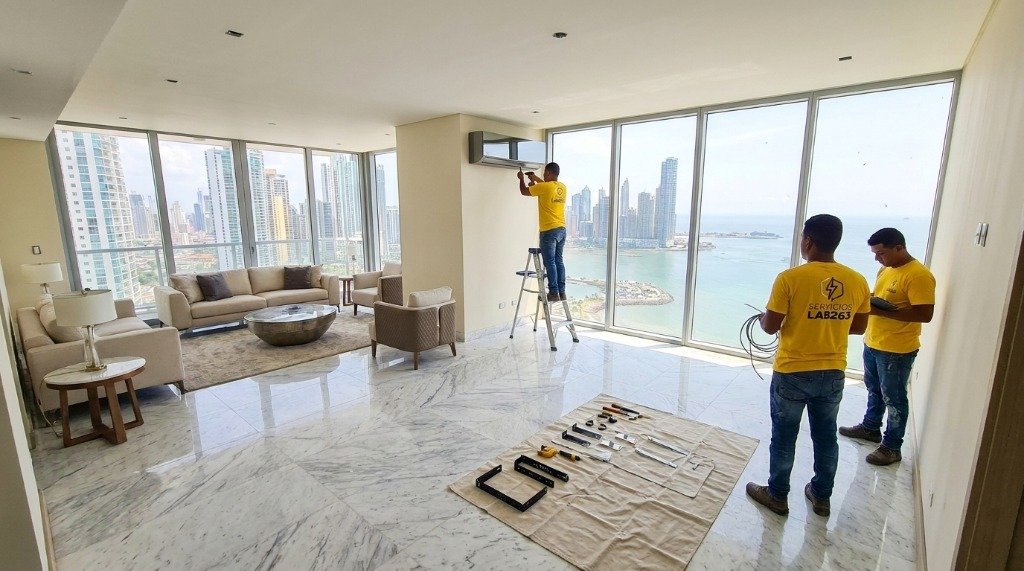 Equipo LAB263 instalando aire acondicionado en apartamento con vista al mar